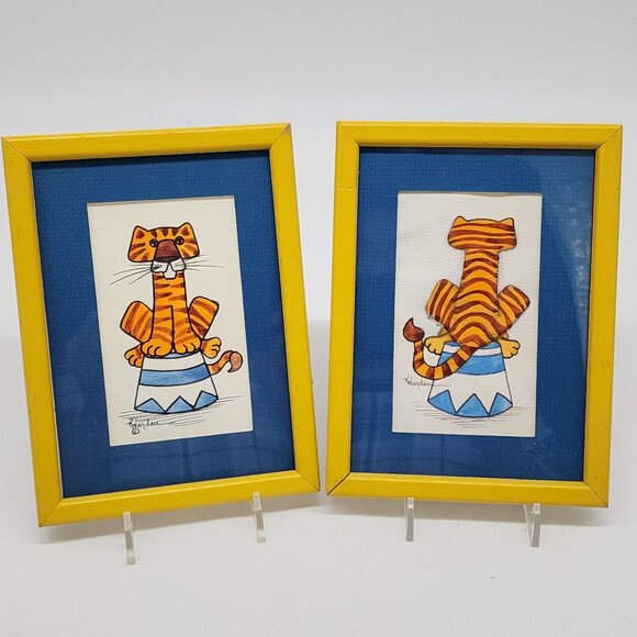 Set Of 2 Whimsical Tiger Original Artwork In Yellow Frames With Blue Matting - Picture 1 of 11